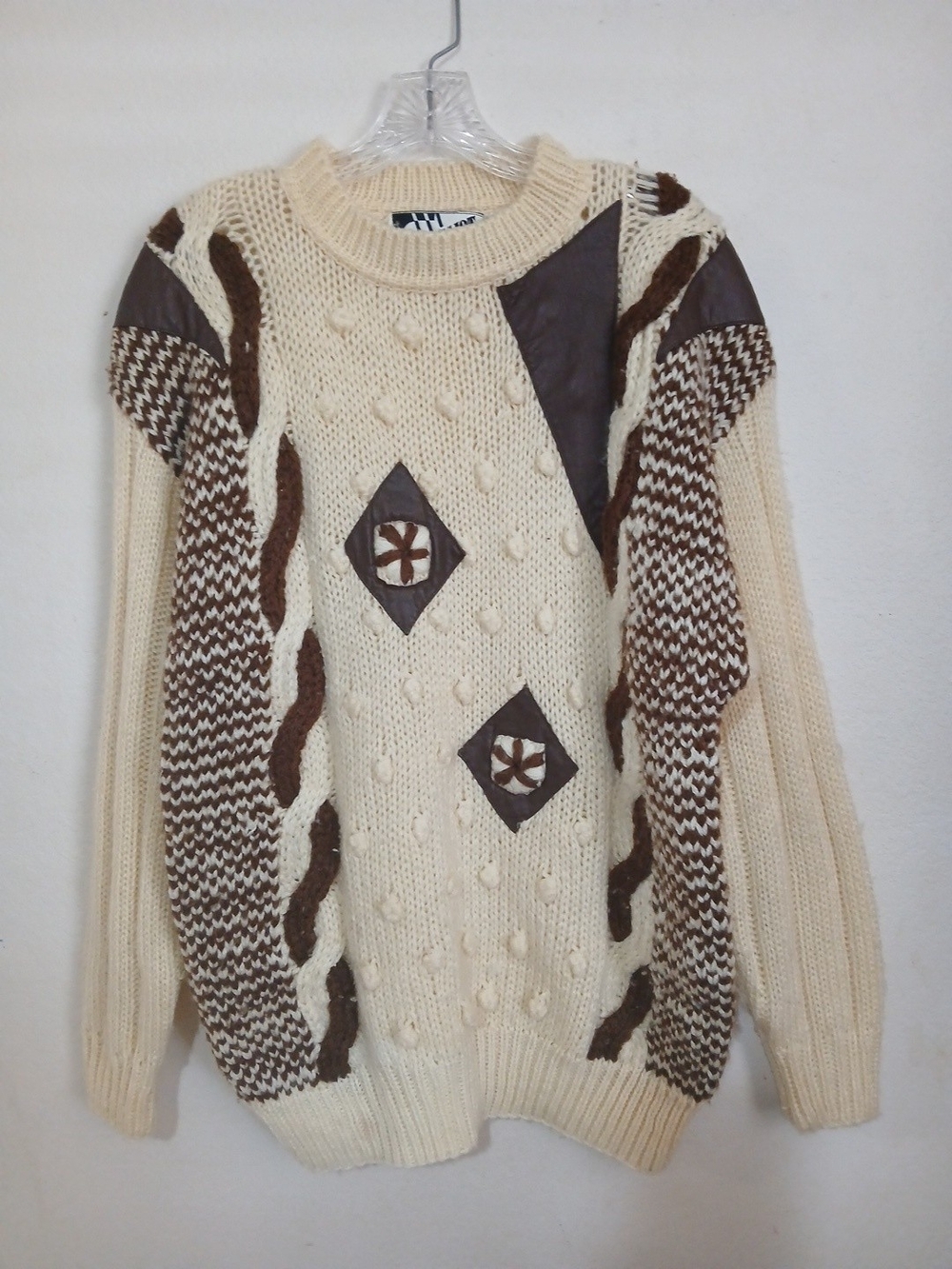 Vintage Chunky Knit Sweater Mens Medium Leather Patches Oversized Grandpa Core